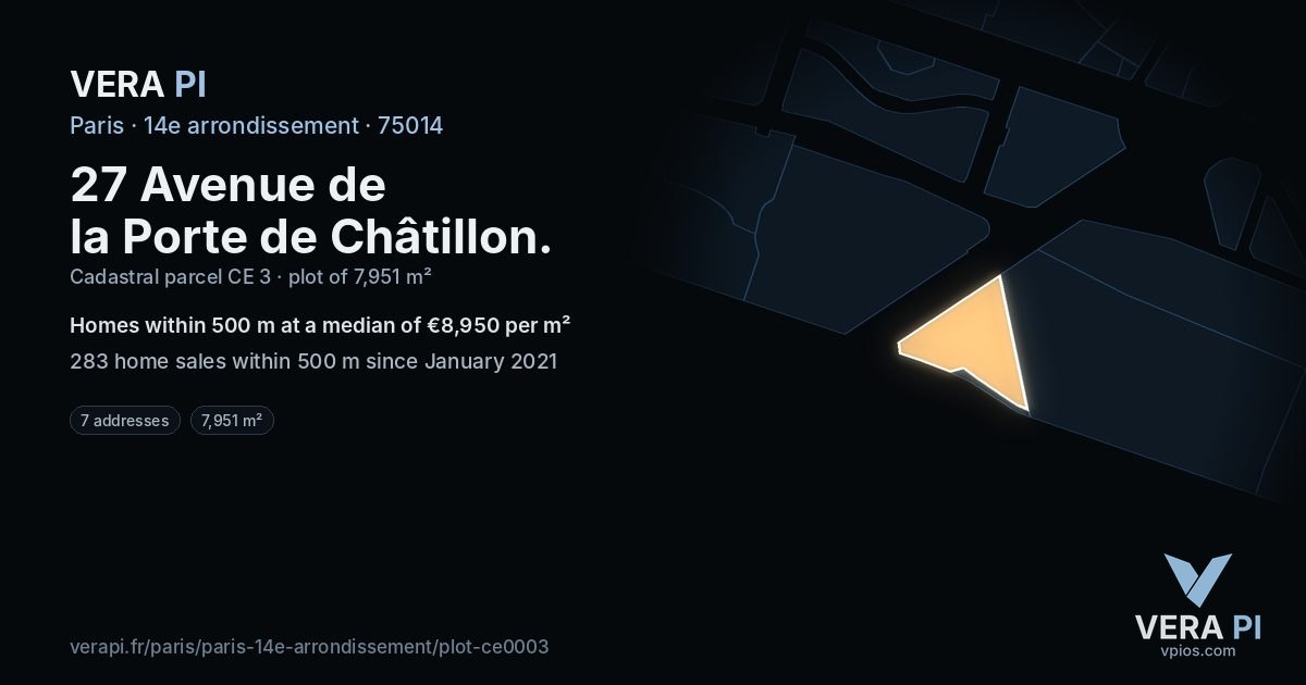 27 Avenue de la Porte de Châtillon, 14e arrondissement at night – the plot lit, the parcels around coloured by the prices near them