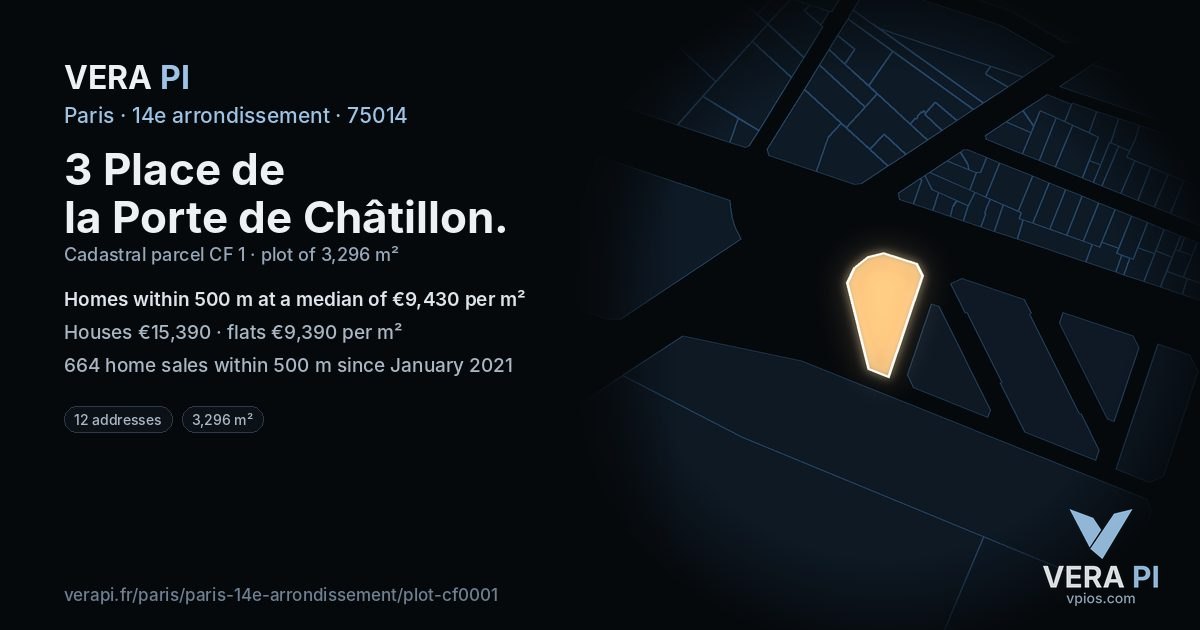 3 Place de la Porte de Châtillon, 14e arrondissement at night – the plot lit, the parcels around coloured by the prices near them