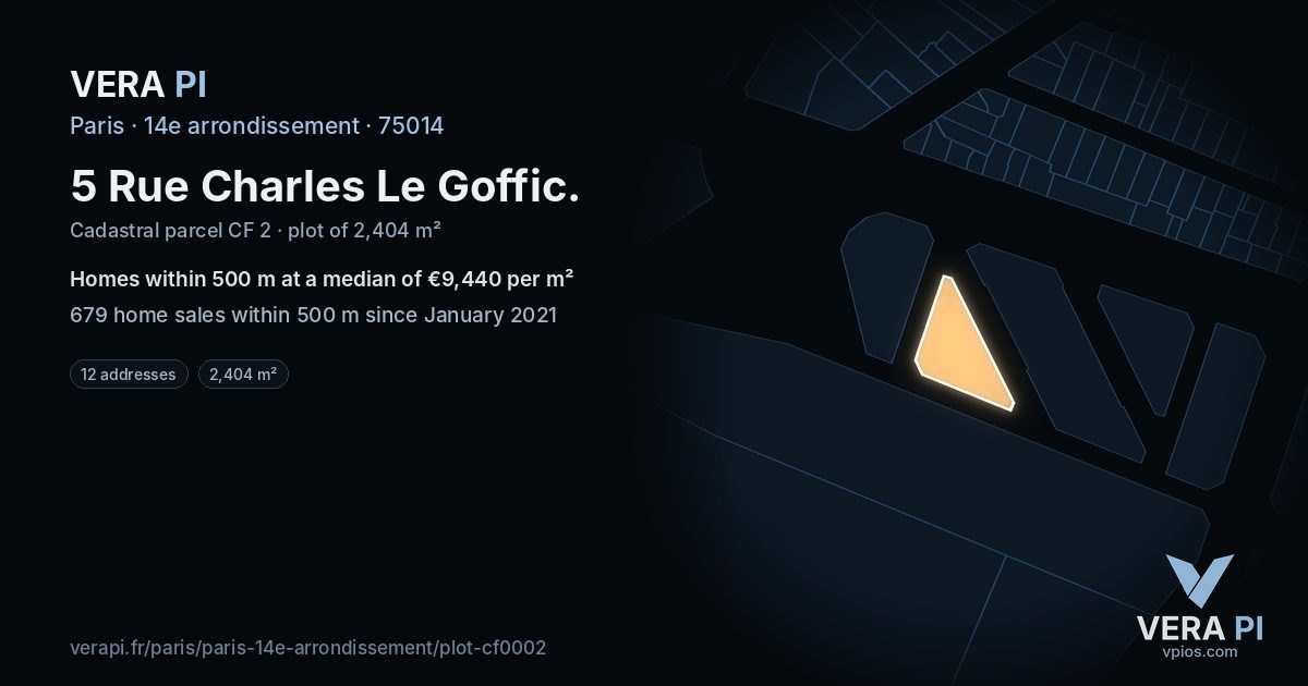 5 Rue Charles Le Goffic, 14e arrondissement at night – the plot lit, the parcels around coloured by the prices near them