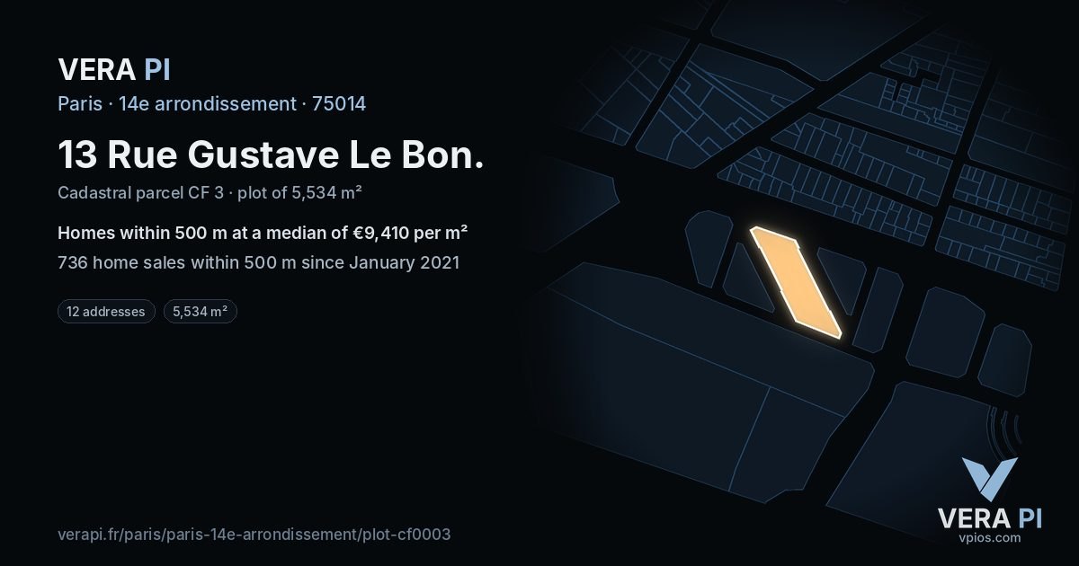 13 Rue Gustave Le Bon, 14e arrondissement at night – the plot lit, the parcels around coloured by the prices near them