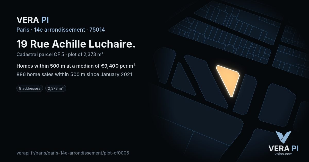 19 Rue Achille Luchaire, 14e arrondissement at night – the plot lit, the parcels around coloured by the prices near them