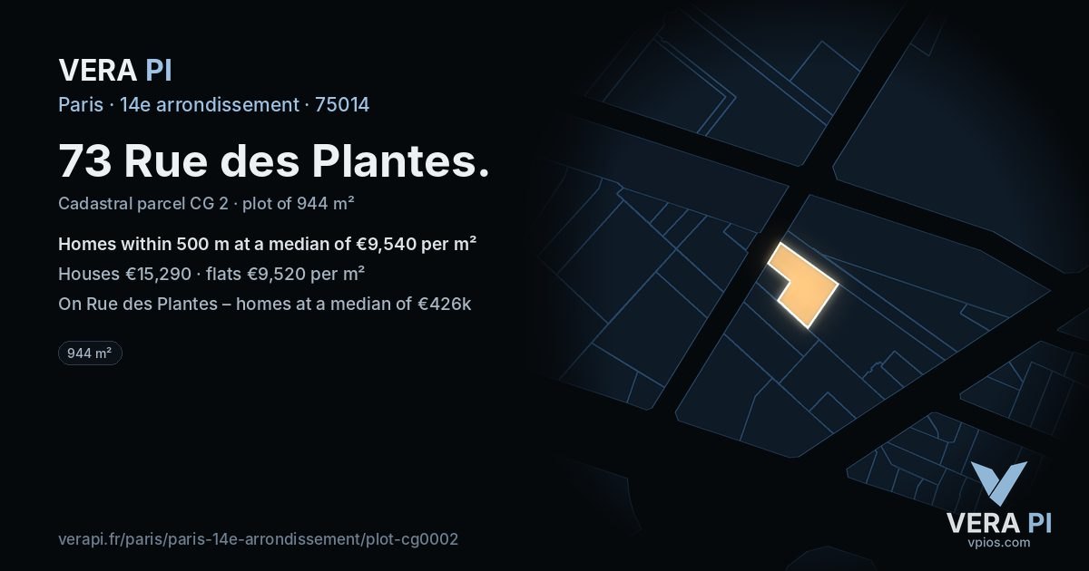 73 Rue des Plantes, 14e arrondissement at night – the plot lit, the parcels around coloured by the prices near them