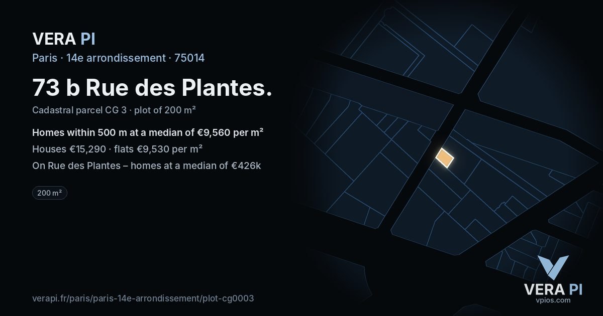 73 b Rue des Plantes, 14e arrondissement at night – the plot lit, the parcels around coloured by the prices near them