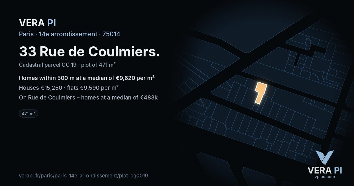 33 Rue de Coulmiers, 14e arrondissement at night – the plot lit, the parcels around coloured by the prices near them
