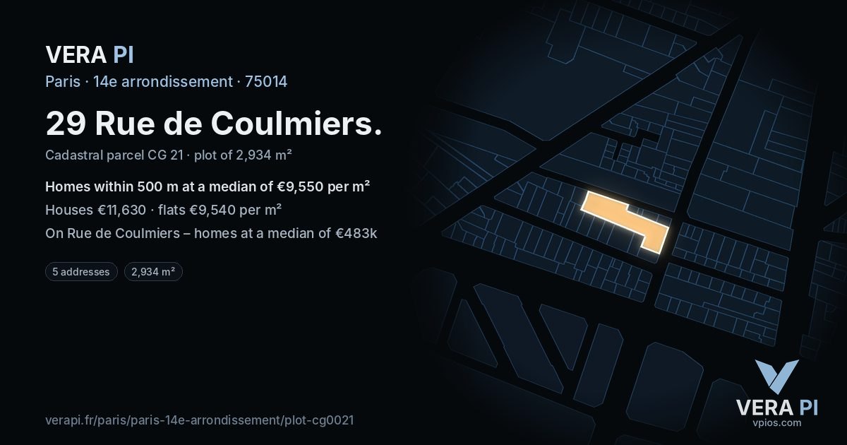 29 Rue de Coulmiers, 14e arrondissement at night – the plot lit, the parcels around coloured by the prices near them