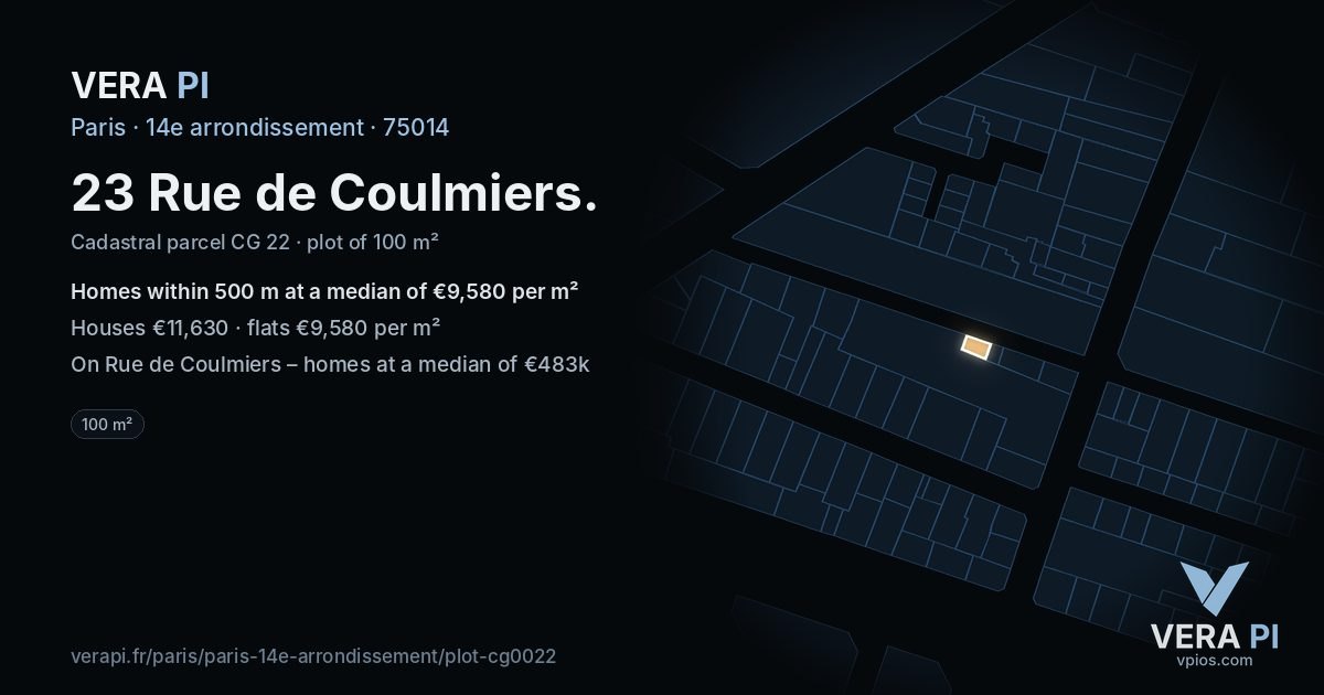 23 Rue de Coulmiers, 14e arrondissement at night – the plot lit, the parcels around coloured by the prices near them
