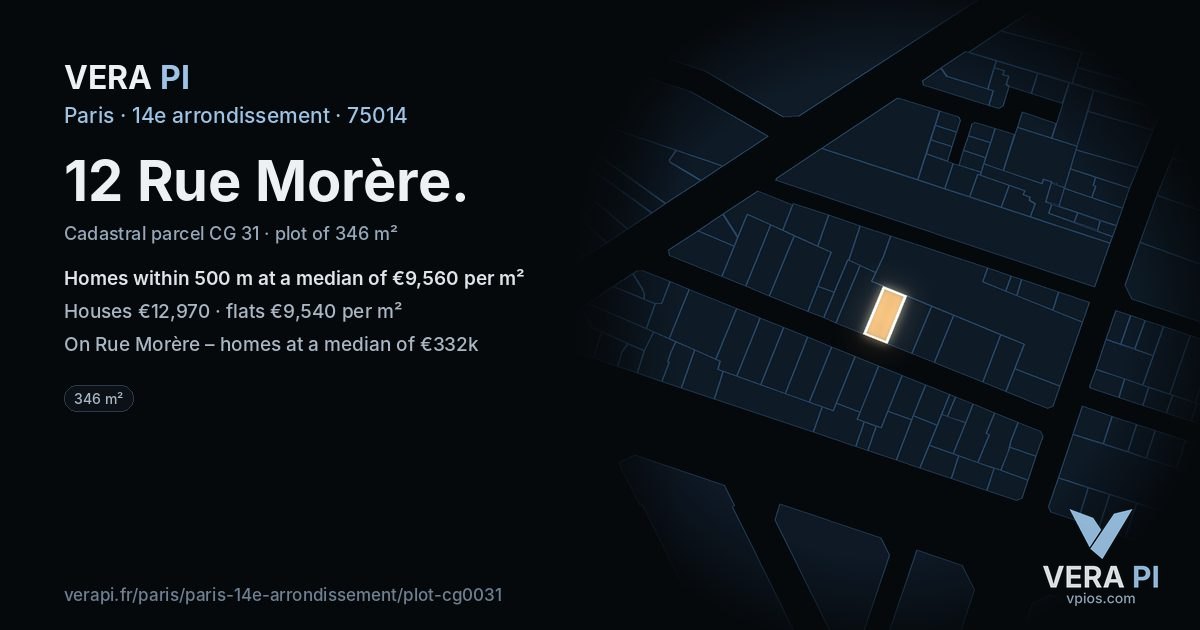 12 Rue Morère, 14e arrondissement at night – the plot lit, the parcels around coloured by the prices near them