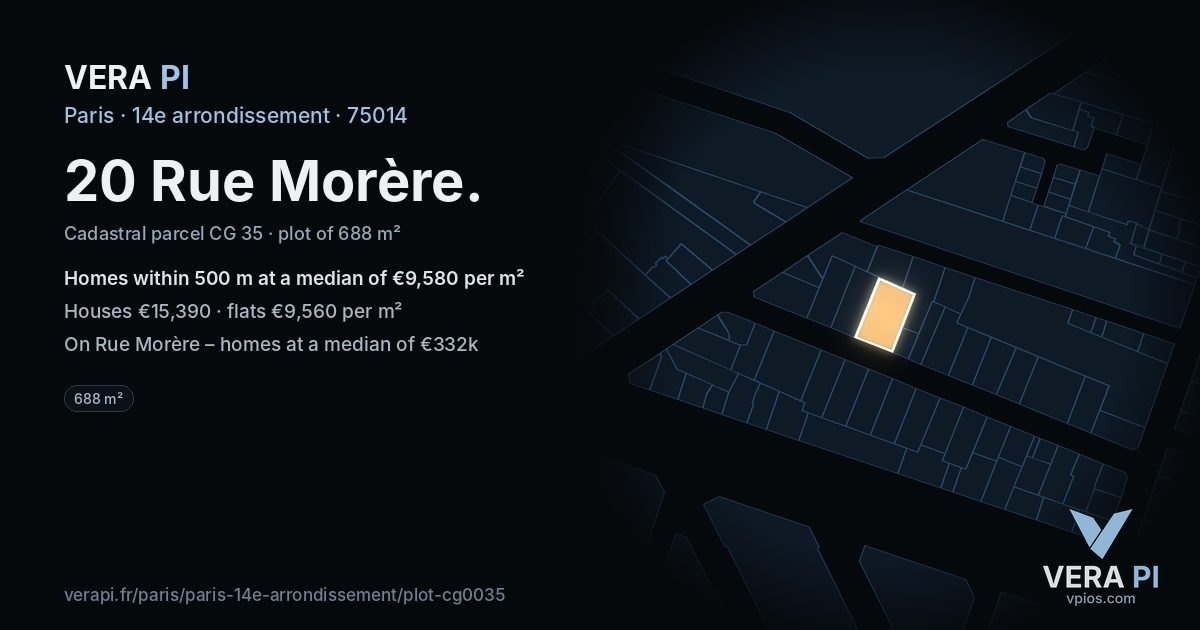 20 Rue Morère, 14e arrondissement at night – the plot lit, the parcels around coloured by the prices near them