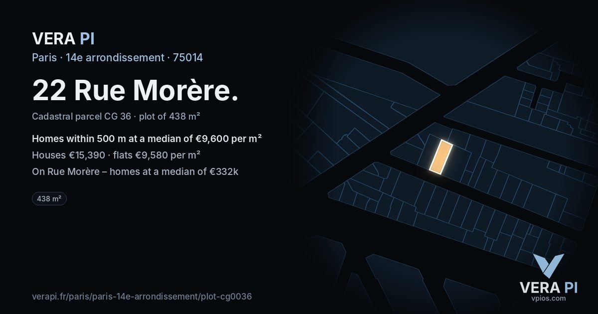 22 Rue Morère, 14e arrondissement at night – the plot lit, the parcels around coloured by the prices near them
