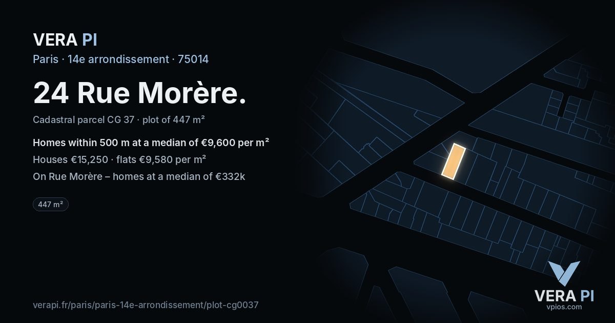 24 Rue Morère, 14e arrondissement at night – the plot lit, the parcels around coloured by the prices near them