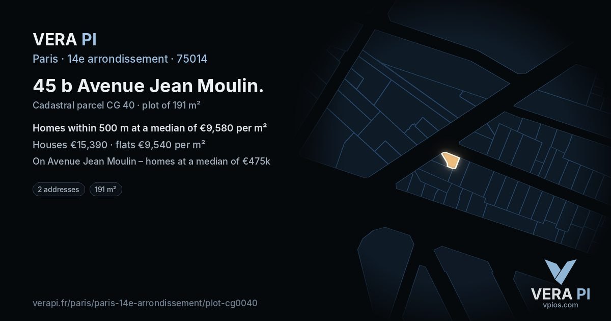 45 b Avenue Jean Moulin, 14e arrondissement at night – the plot lit, the parcels around coloured by the prices near them