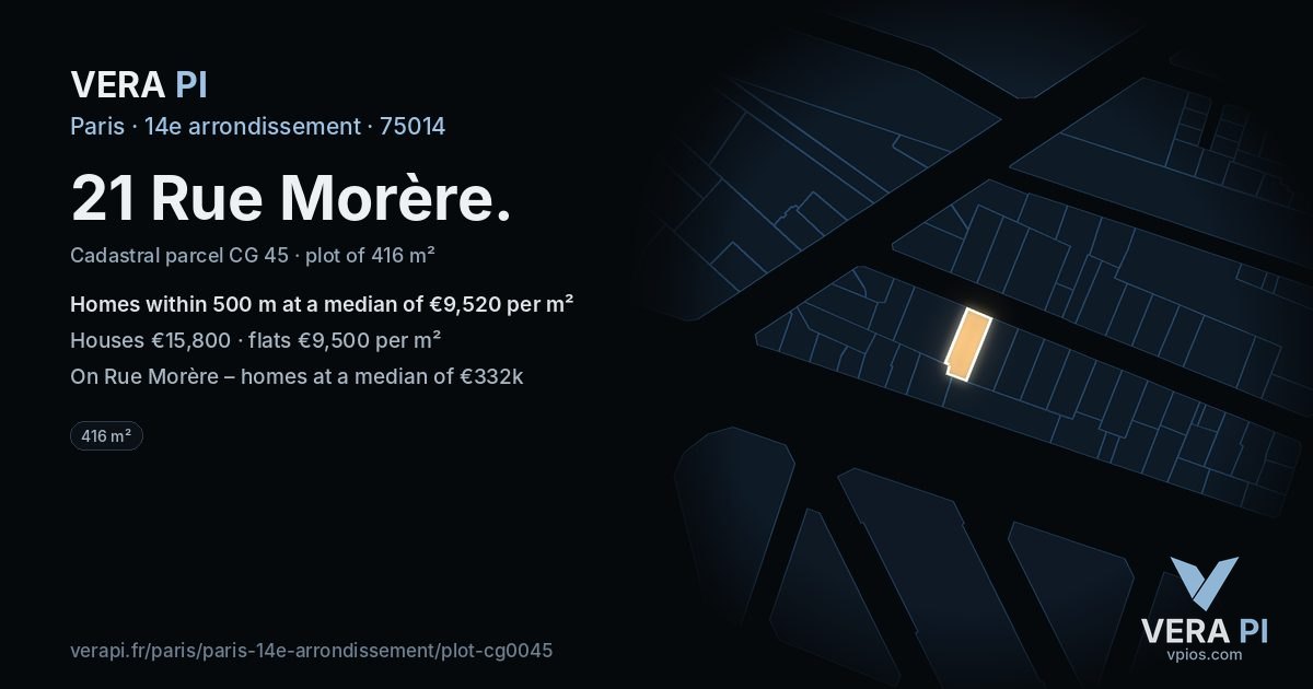 21 Rue Morère, 14e arrondissement at night – the plot lit, the parcels around coloured by the prices near them