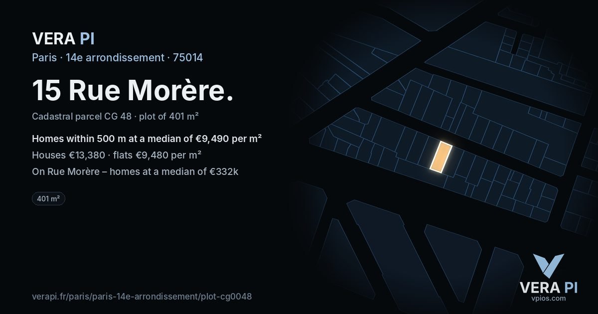 15 Rue Morère, 14e arrondissement at night – the plot lit, the parcels around coloured by the prices near them