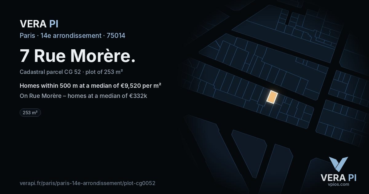 7 Rue Morère, 14e arrondissement at night – the plot lit, the parcels around coloured by the prices near them