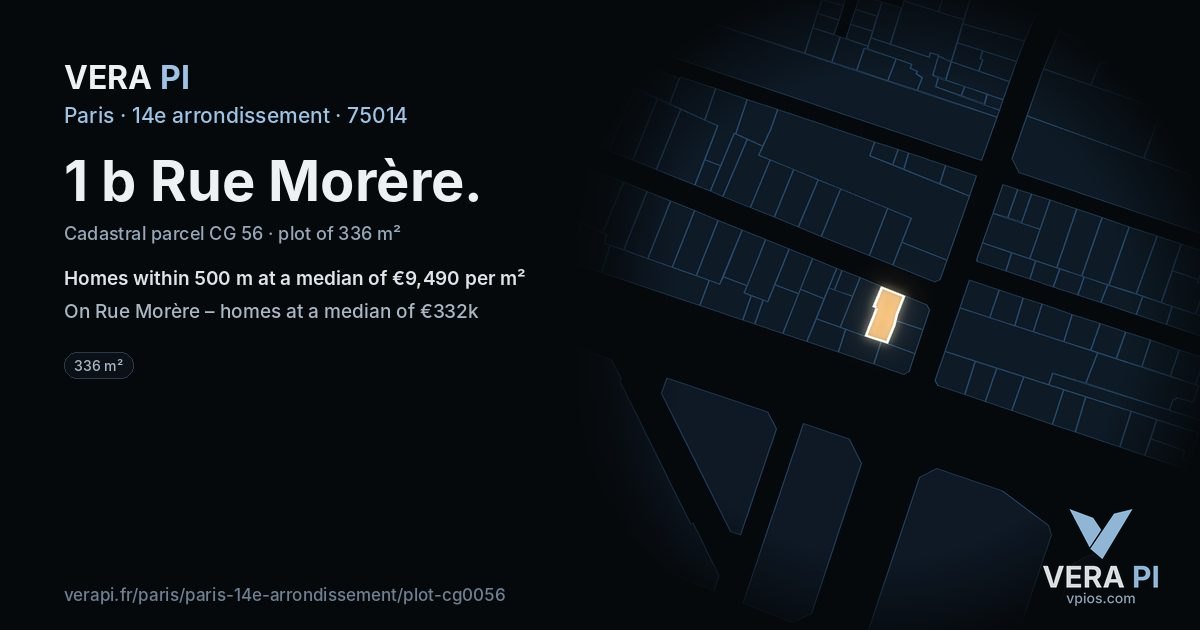 1 b Rue Morère, 14e arrondissement at night – the plot lit, the parcels around coloured by the prices near them