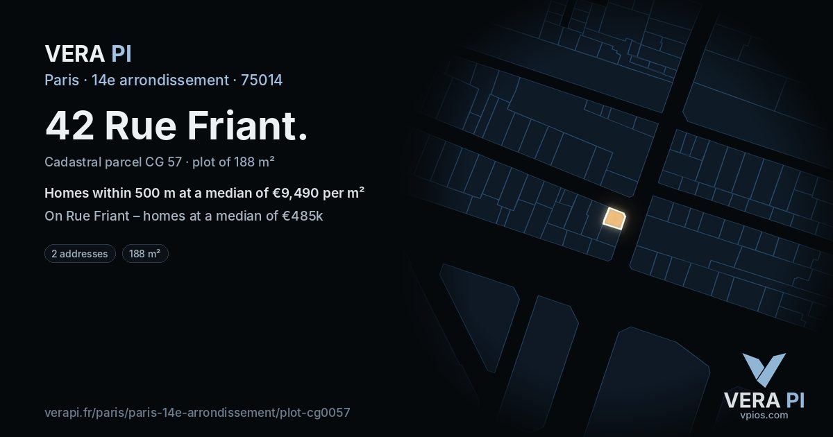 42 Rue Friant, 14e arrondissement at night – the plot lit, the parcels around coloured by the prices near them