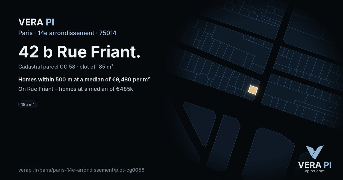 42 b Rue Friant, 14e arrondissement at night – the plot lit, the parcels around coloured by the prices near them