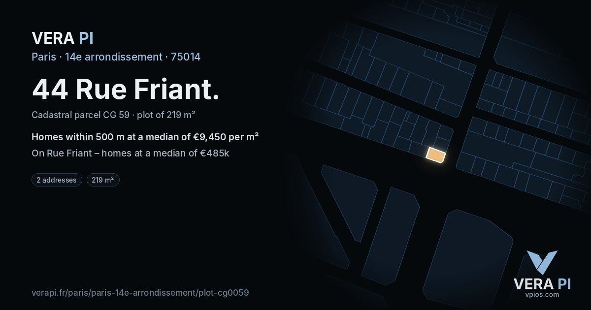 44 Rue Friant, 14e arrondissement at night – the plot lit, the parcels around coloured by the prices near them