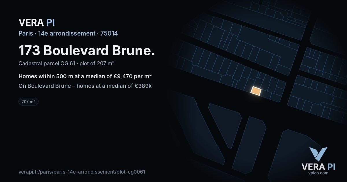 173 Boulevard Brune, 14e arrondissement at night – the plot lit, the parcels around coloured by the prices near them
