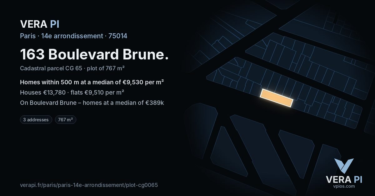 163 Boulevard Brune, 14e arrondissement at night – the plot lit, the parcels around coloured by the prices near them