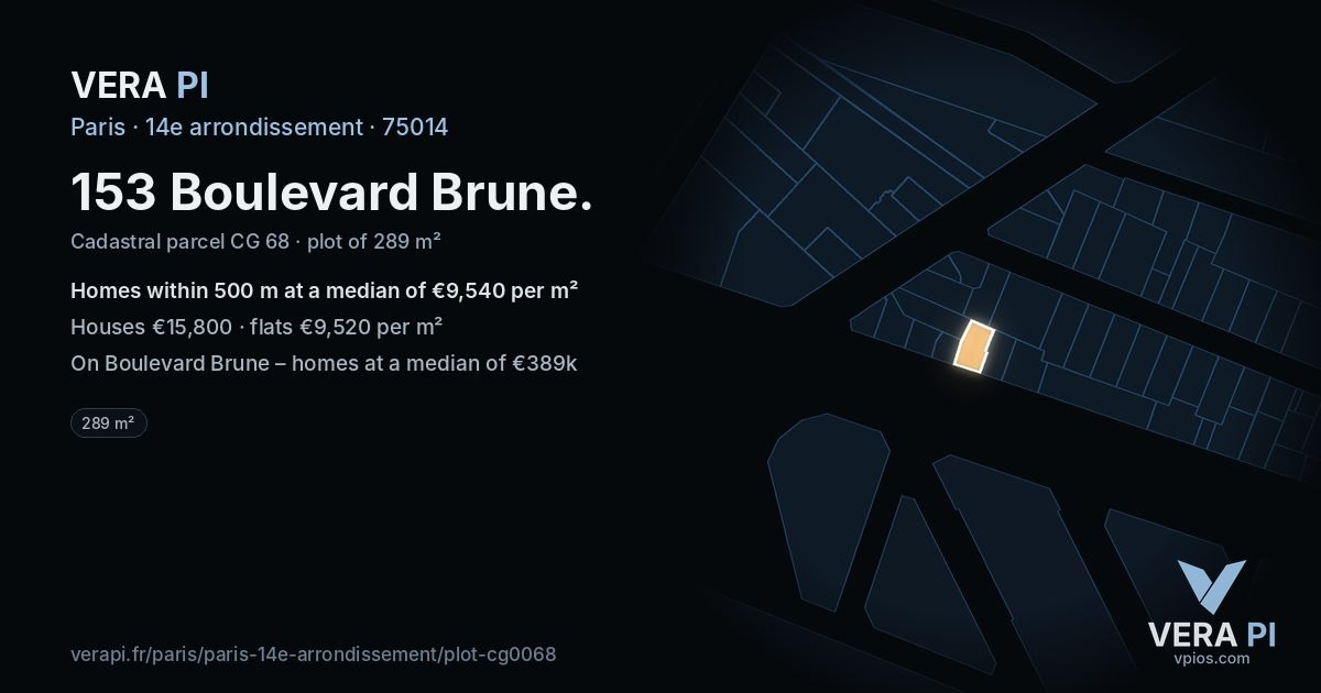 153 Boulevard Brune, 14e arrondissement at night – the plot lit, the parcels around coloured by the prices near them