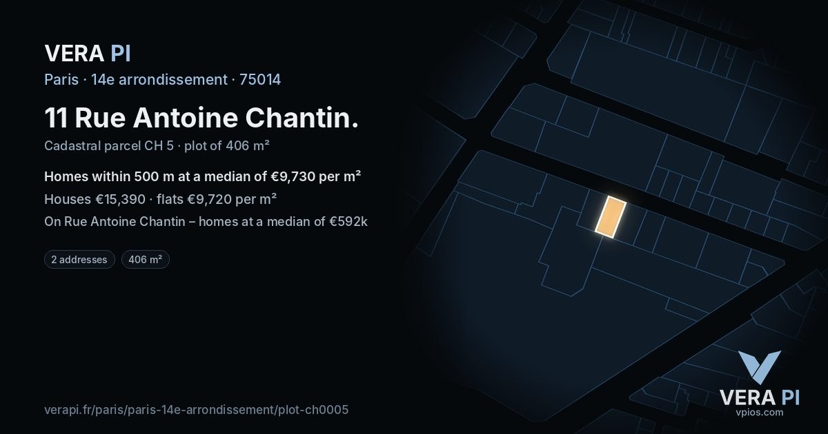 11 Rue Antoine Chantin, 14e arrondissement at night – the plot lit, the parcels around coloured by the prices near them