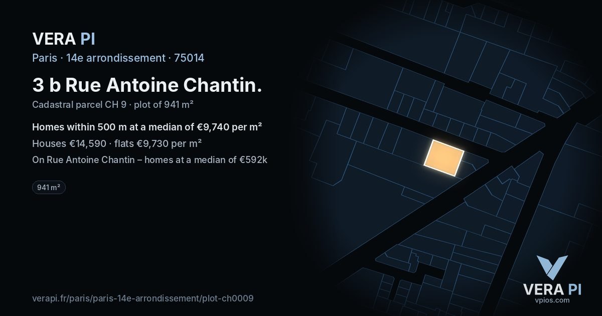 3 b Rue Antoine Chantin, 14e arrondissement at night – the plot lit, the parcels around coloured by the prices near them