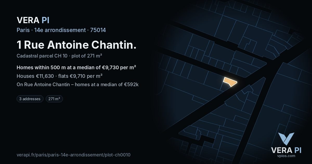 1 Rue Antoine Chantin, 14e arrondissement at night – the plot lit, the parcels around coloured by the prices near them