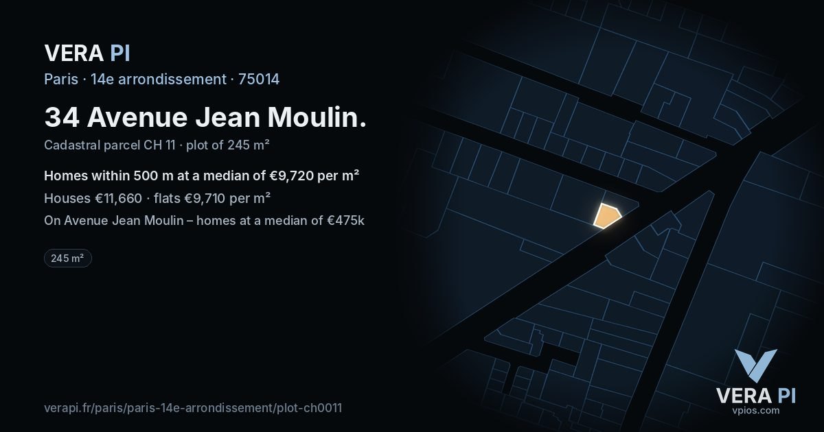 34 Avenue Jean Moulin, 14e arrondissement at night – the plot lit, the parcels around coloured by the prices near them