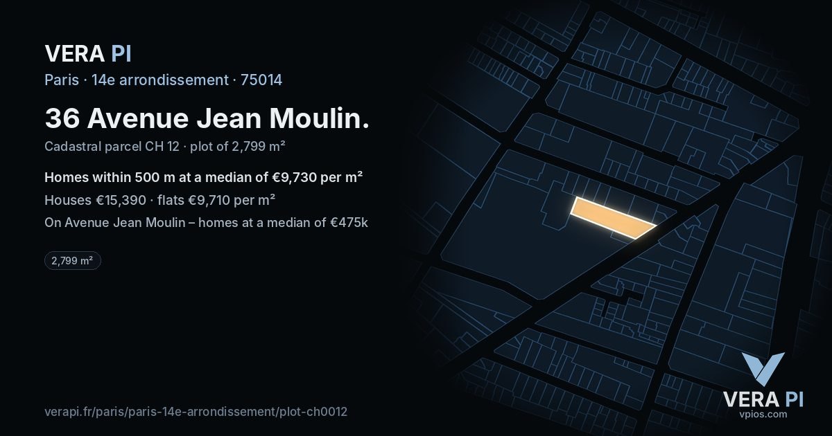 36 Avenue Jean Moulin, 14e arrondissement at night – the plot lit, the parcels around coloured by the prices near them