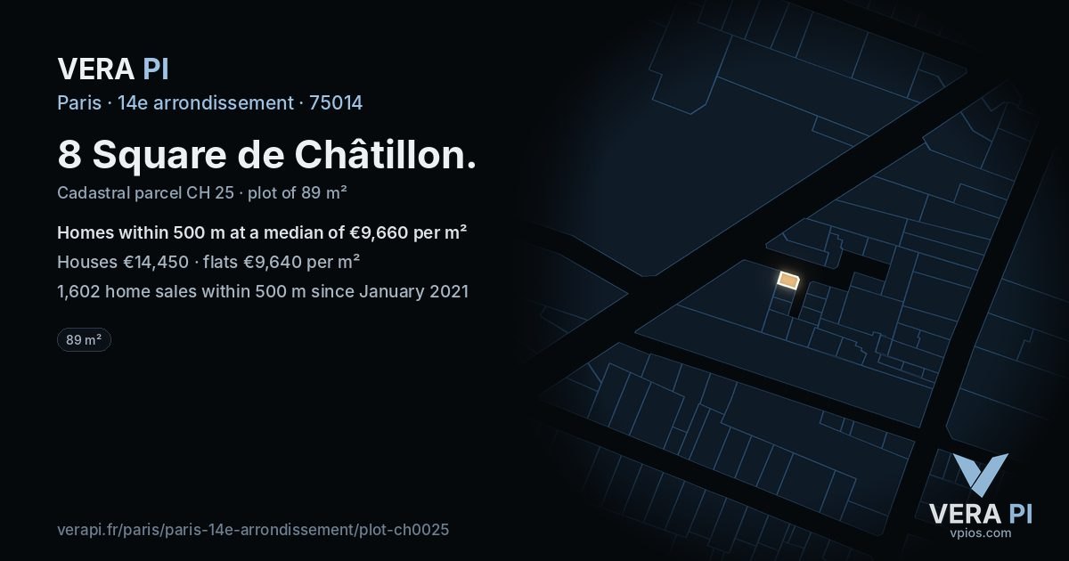 8 Square de Châtillon, 14e arrondissement at night – the plot lit, the parcels around coloured by the prices near them
