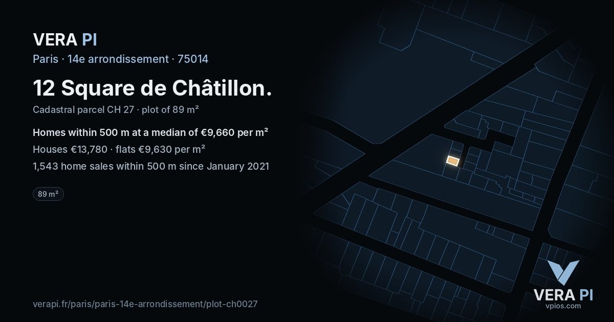 12 Square de Châtillon, 14e arrondissement at night – the plot lit, the parcels around coloured by the prices near them
