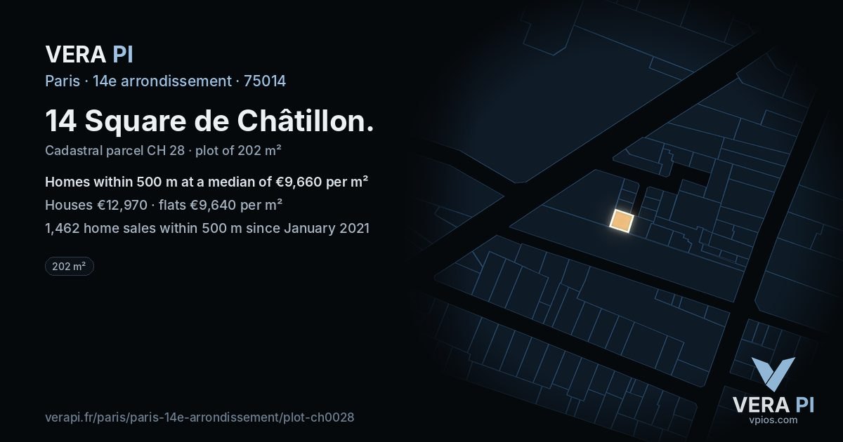14 Square de Châtillon, 14e arrondissement at night – the plot lit, the parcels around coloured by the prices near them