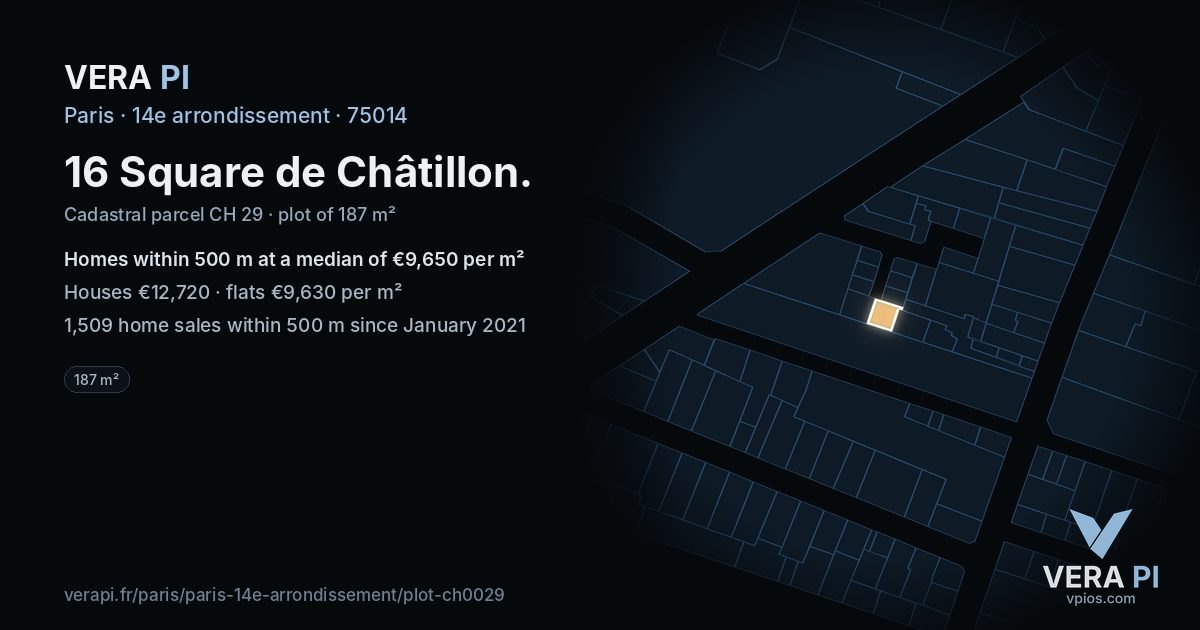 16 Square de Châtillon, 14e arrondissement at night – the plot lit, the parcels around coloured by the prices near them