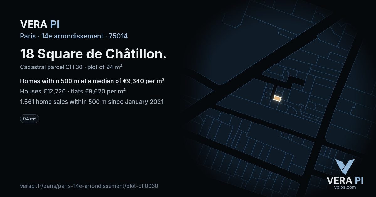 18 Square de Châtillon, 14e arrondissement at night – the plot lit, the parcels around coloured by the prices near them