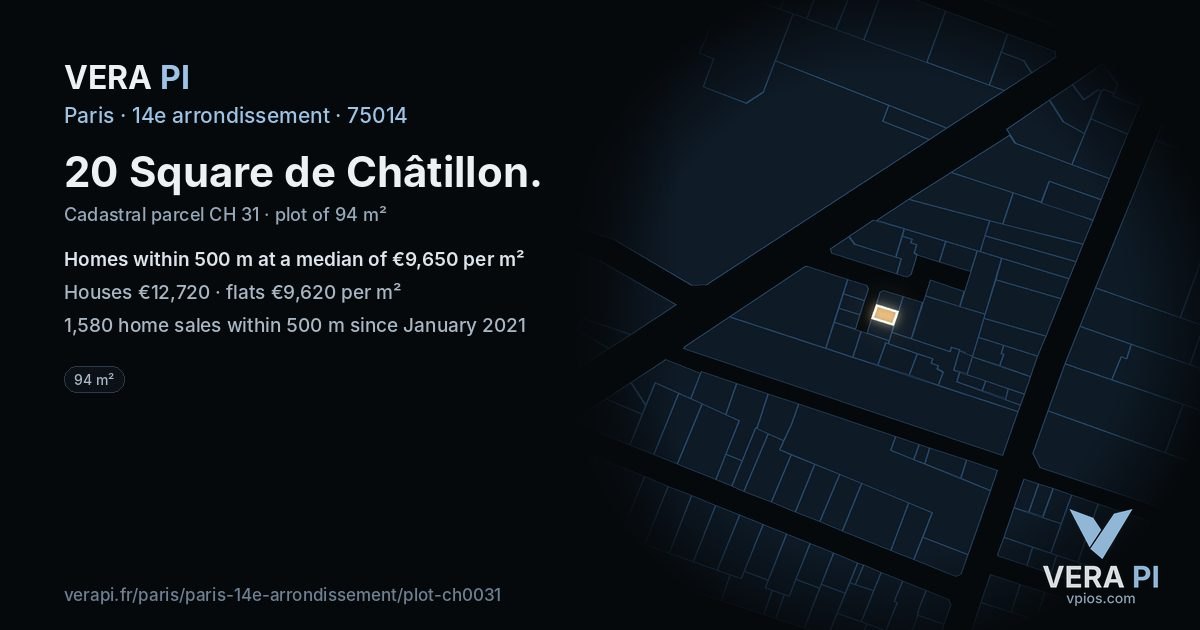 20 Square de Châtillon, 14e arrondissement at night – the plot lit, the parcels around coloured by the prices near them