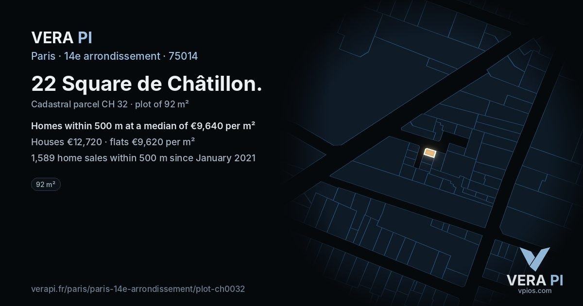 22 Square de Châtillon, 14e arrondissement at night – the plot lit, the parcels around coloured by the prices near them