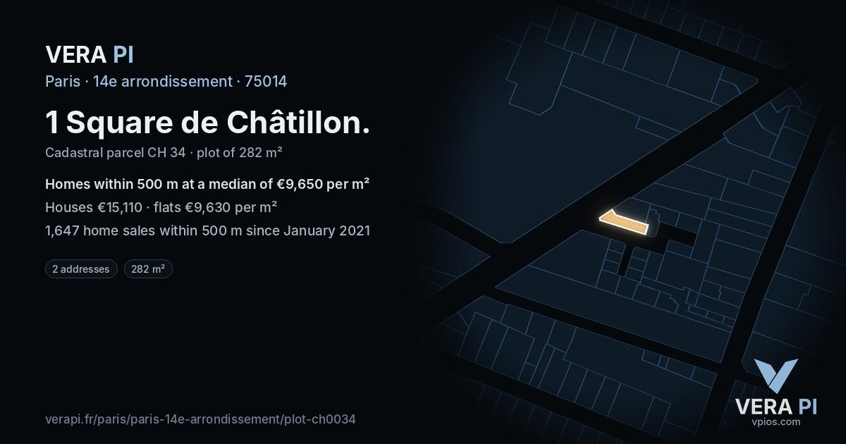 1 Square de Châtillon, 14e arrondissement at night – the plot lit, the parcels around coloured by the prices near them