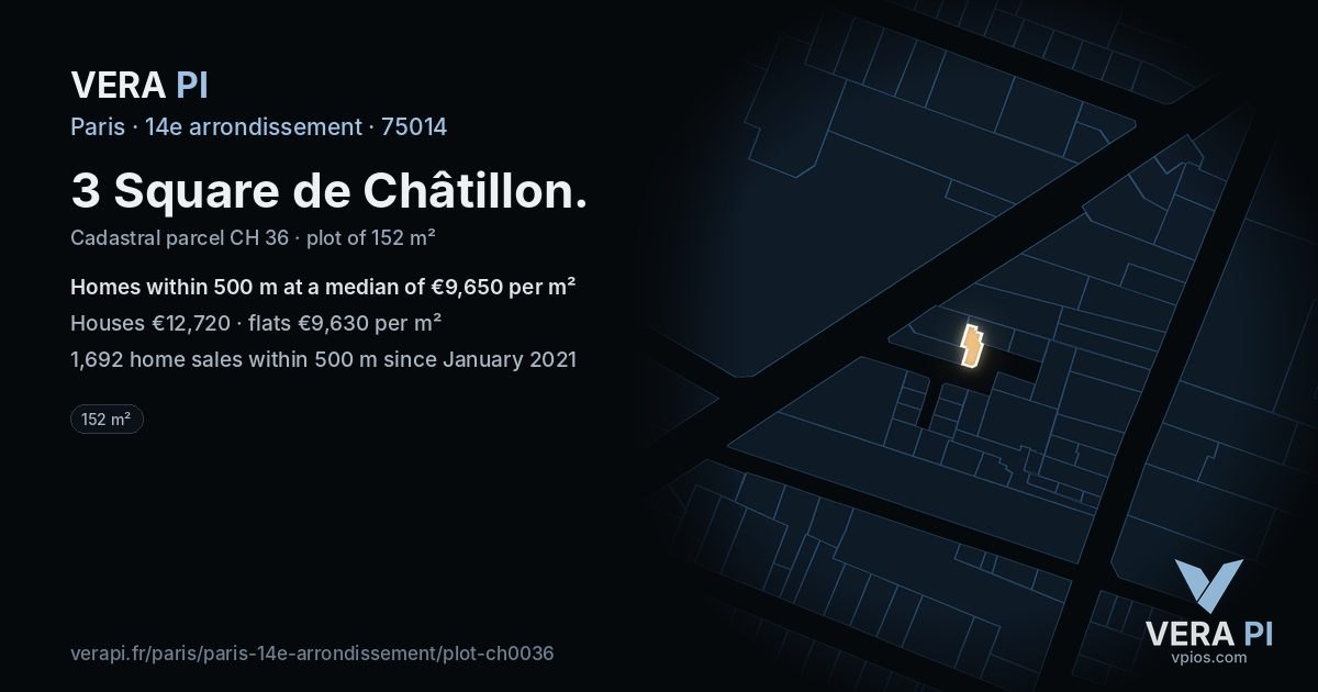3 Square de Châtillon, 14e arrondissement at night – the plot lit, the parcels around coloured by the prices near them