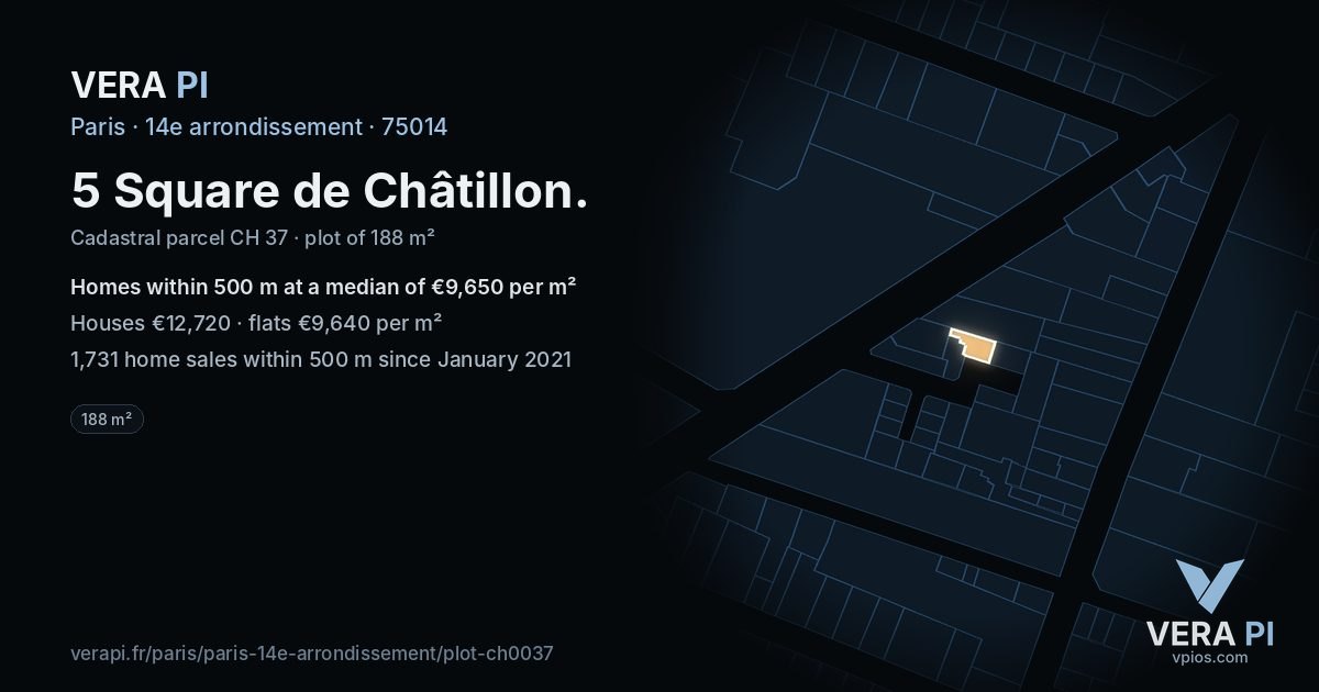 5 Square de Châtillon, 14e arrondissement at night – the plot lit, the parcels around coloured by the prices near them