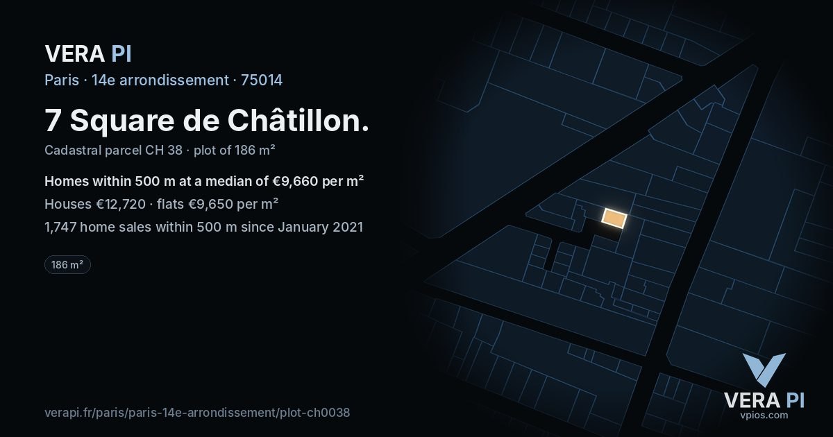 7 Square de Châtillon, 14e arrondissement at night – the plot lit, the parcels around coloured by the prices near them