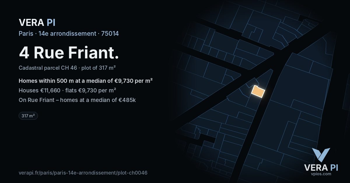 4 Rue Friant, 14e arrondissement at night – the plot lit, the parcels around coloured by the prices near them