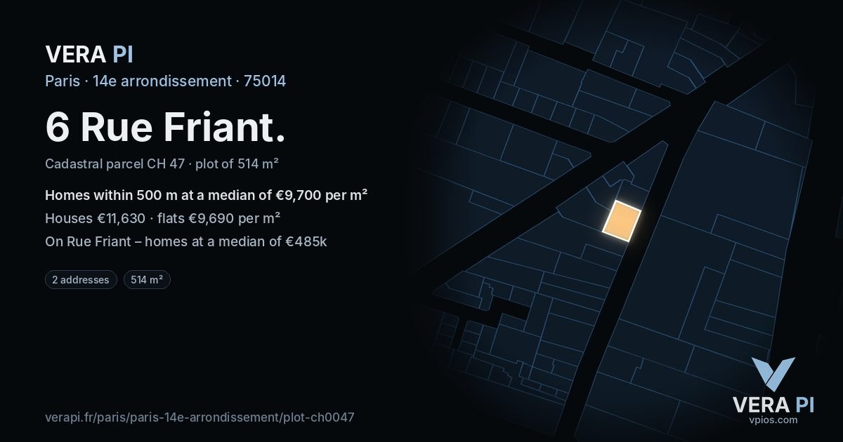 6 Rue Friant, 14e arrondissement at night – the plot lit, the parcels around coloured by the prices near them