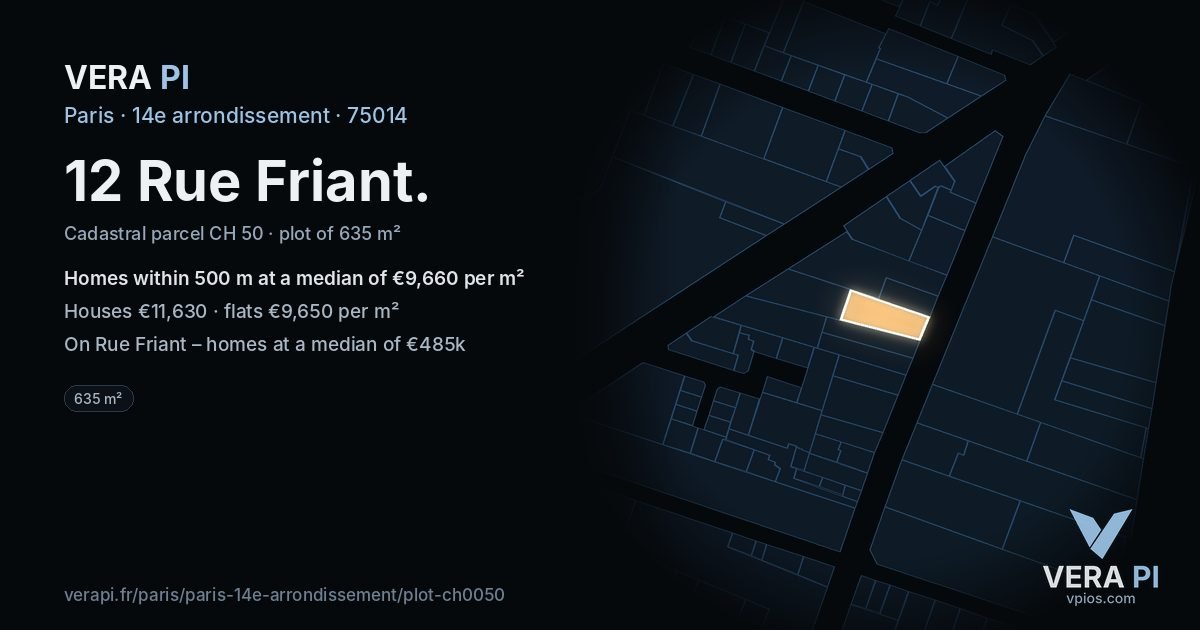 12 Rue Friant, 14e arrondissement at night – the plot lit, the parcels around coloured by the prices near them