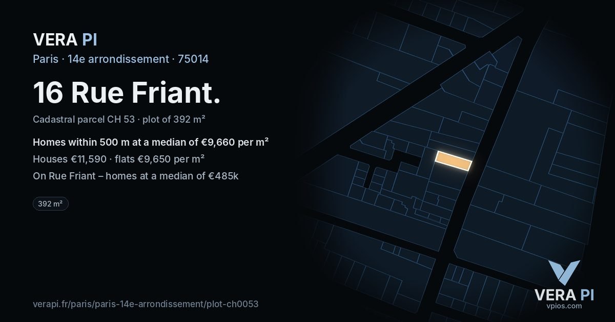 16 Rue Friant, 14e arrondissement at night – the plot lit, the parcels around coloured by the prices near them