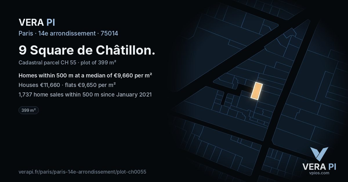 9 Square de Châtillon, 14e arrondissement at night – the plot lit, the parcels around coloured by the prices near them