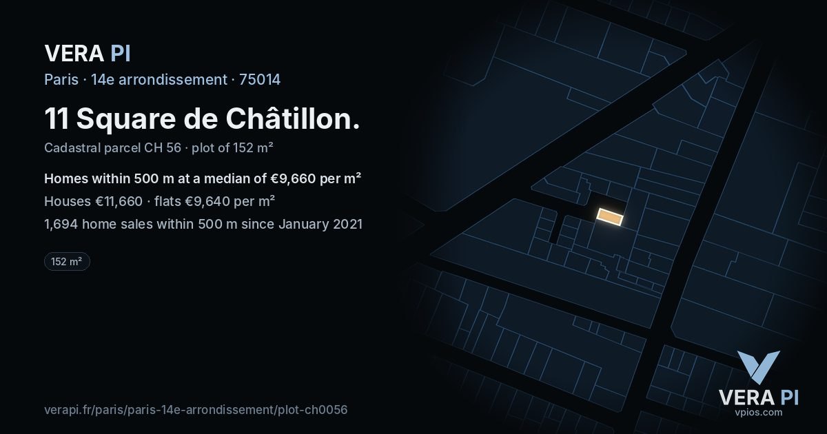 11 Square de Châtillon, 14e arrondissement at night – the plot lit, the parcels around coloured by the prices near them