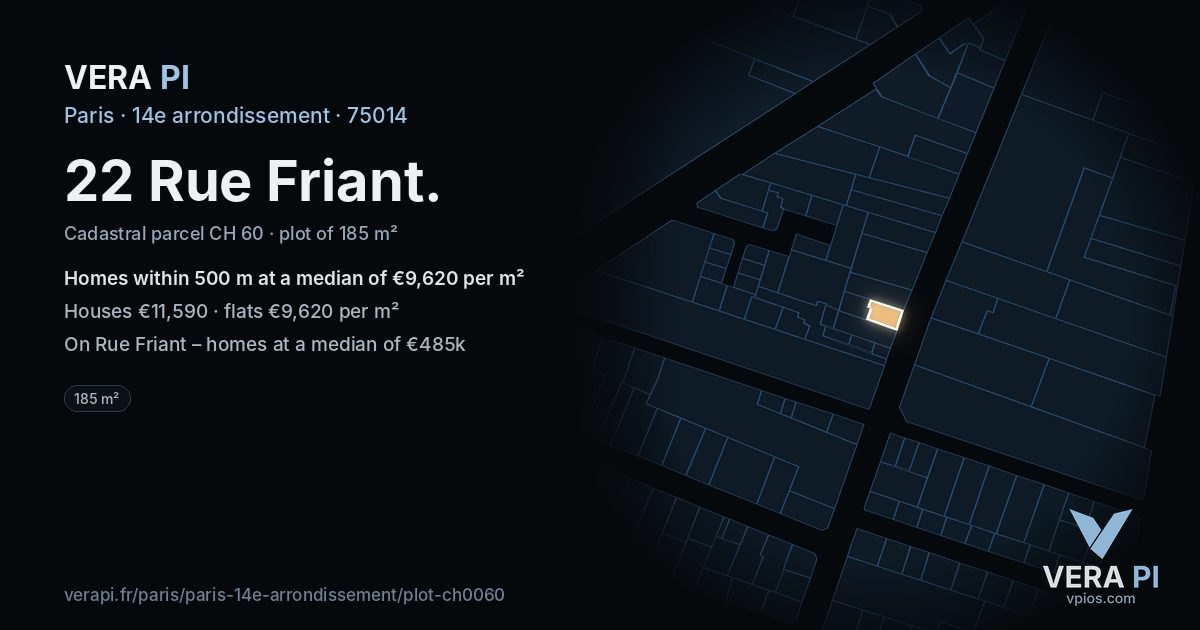 22 Rue Friant, 14e arrondissement at night – the plot lit, the parcels around coloured by the prices near them