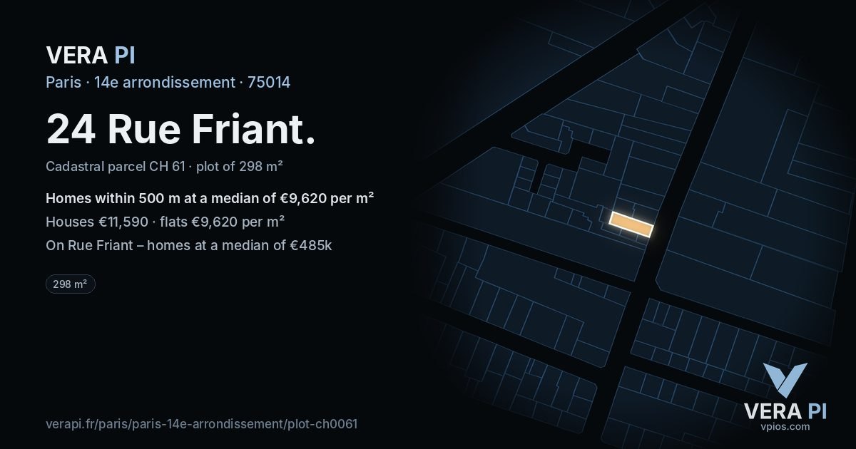 24 Rue Friant, 14e arrondissement at night – the plot lit, the parcels around coloured by the prices near them