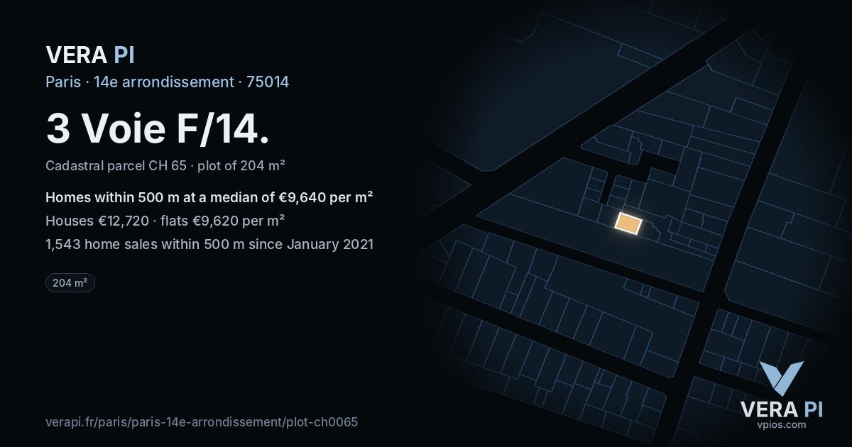 3 Voie F/14, 14e arrondissement at night – the plot lit, the parcels around coloured by the prices near them